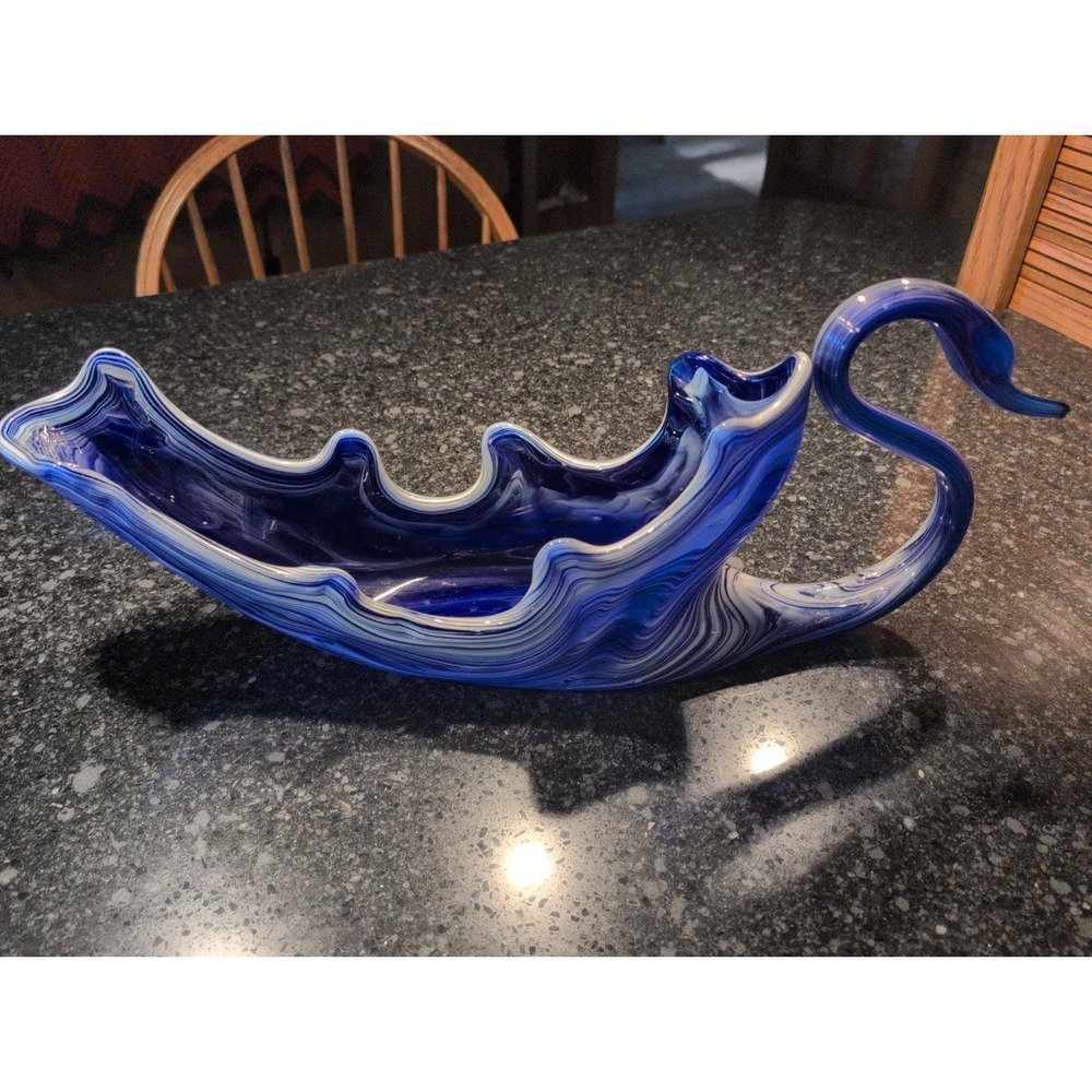 Vtg XL Cobalt Blue White Swril Art Glass Swan Bowl/ 19 x 8 x 5 Long - Picture 2 of 8